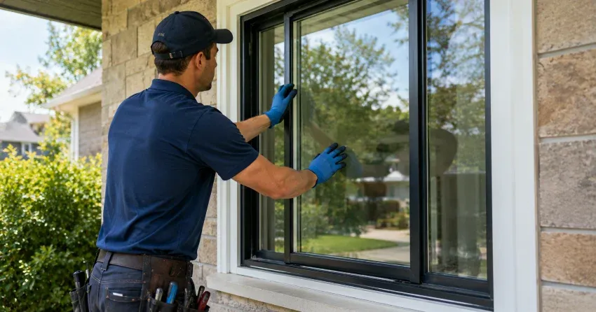 technician measuring a broken window pane for replacement in Mono, Orangeville