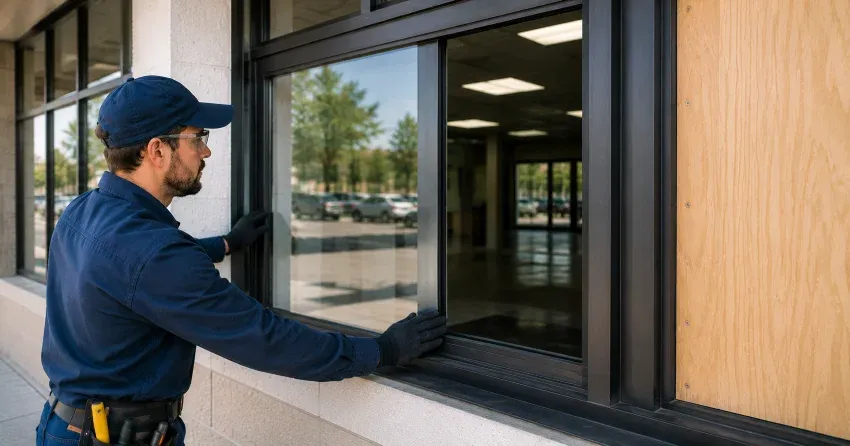 technician boarding a broken window after a break-in in Orangeville