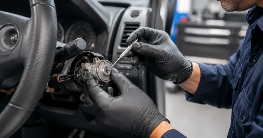 technician diagnosing an ignition lock repair issue in Credit Meadows, Orangeville