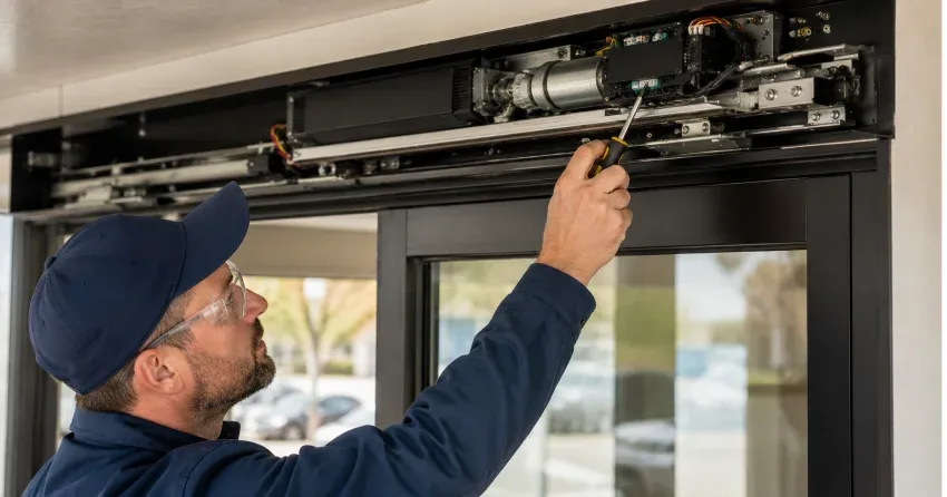 technician completing automatic door repair on residential property in Amaranth, Orangeville