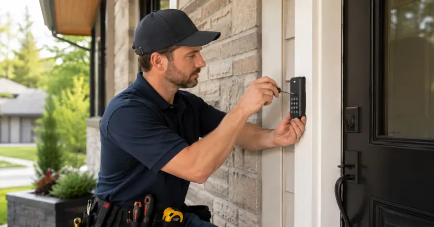 Technician installing an access control system keypad beside a residential front door in Orangeville
