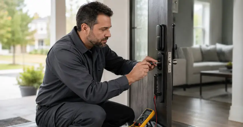 technician diagnosing automatic door lock mechanism on residential door in Orangeville