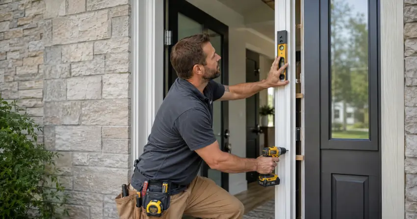 technician installing a new exterior door frame in Orangeville