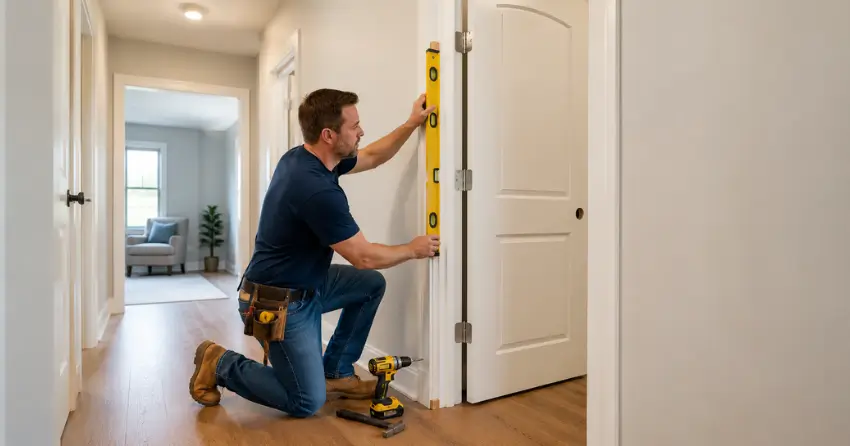 technician installing a pre-hung interior door in a home hallway East Luther Grand Valley, Orangeville