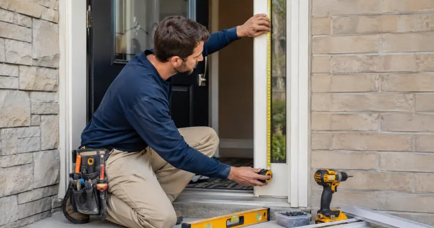 technician measuring door frame before storm door install in Orangeville