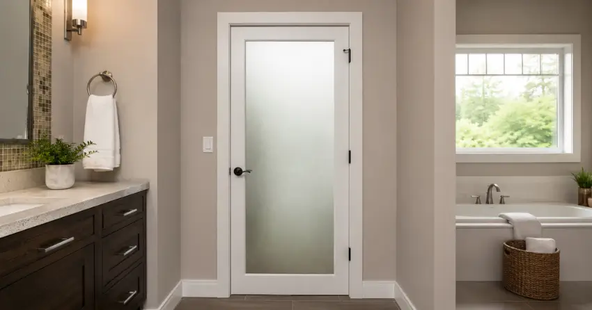frosted glass panel bathroom door installed in a Orangeville home