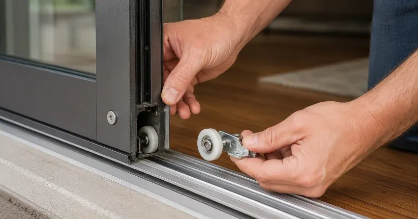 sliding door alignment Orangeville technician adjusting roller track