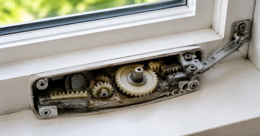 technician replacing casement window crank operator in Fergus, Orangeville home