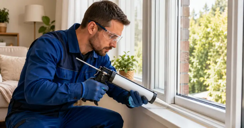 technician repairing window seal and frame in Orangeville