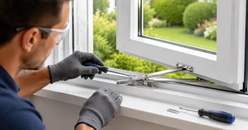automatic door technician inspecting sensor and control panel in Orangeville
