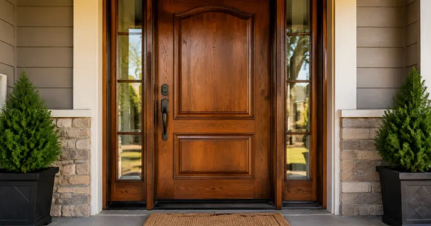 wood door mid-restoration showing stripped bare wood in Creemore, Orangeville