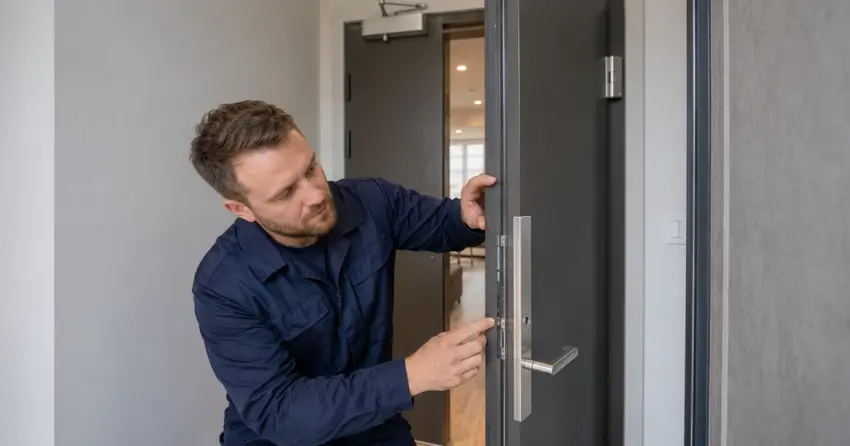 technician inspecting fire-rated door seal and hardware in Alliston, Orangeville
