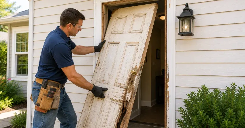 warped exterior door frame showing weather damage in Orangeville